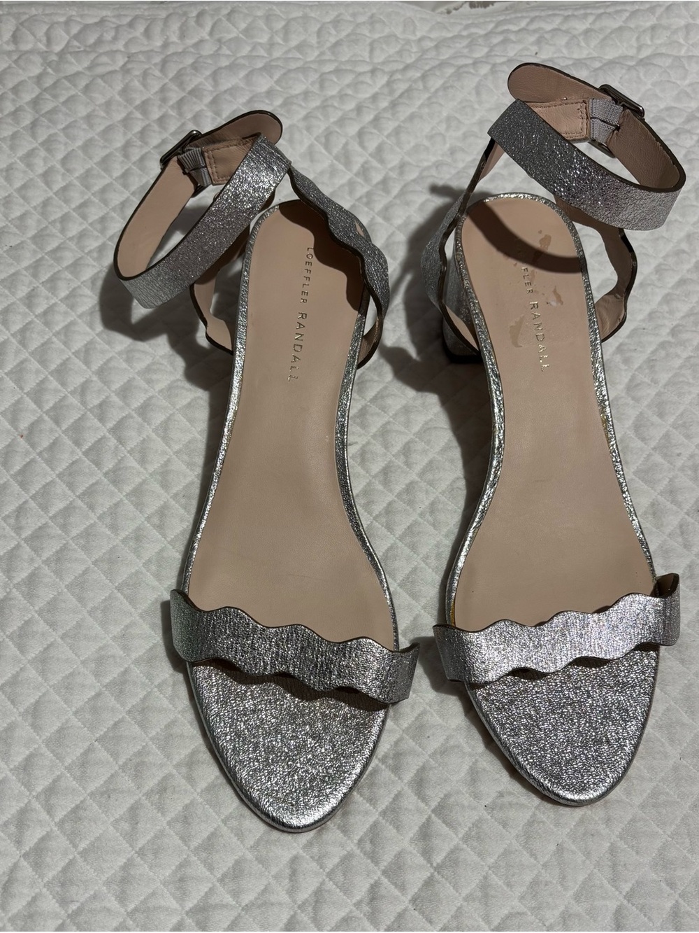 Loeffler Randall Leather Silver Glitter Scalloped Strap Ankle-Heel Sandals Sz 11